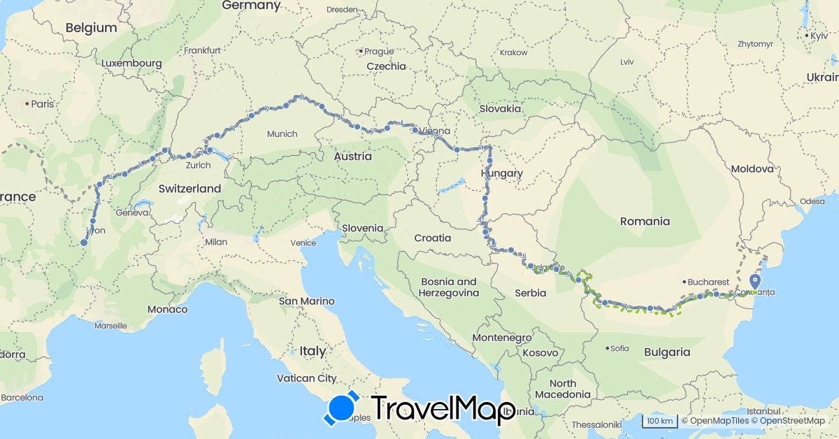 TravelMap itinerary: driving, plane, cycling, electric vehicle, planned in Austria, Bulgaria, Germany, France, Hungary, Romania, Serbia, Slovakia (Europe)