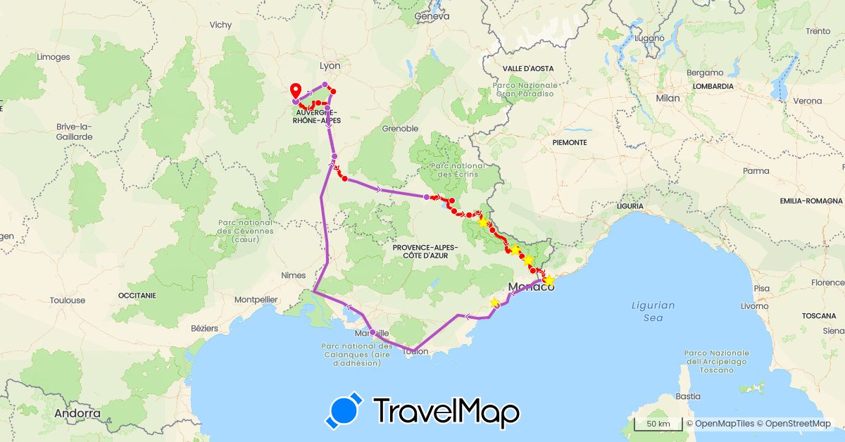 TravelMap itinerary: driving, train, cycling in France, Italy (Europe)