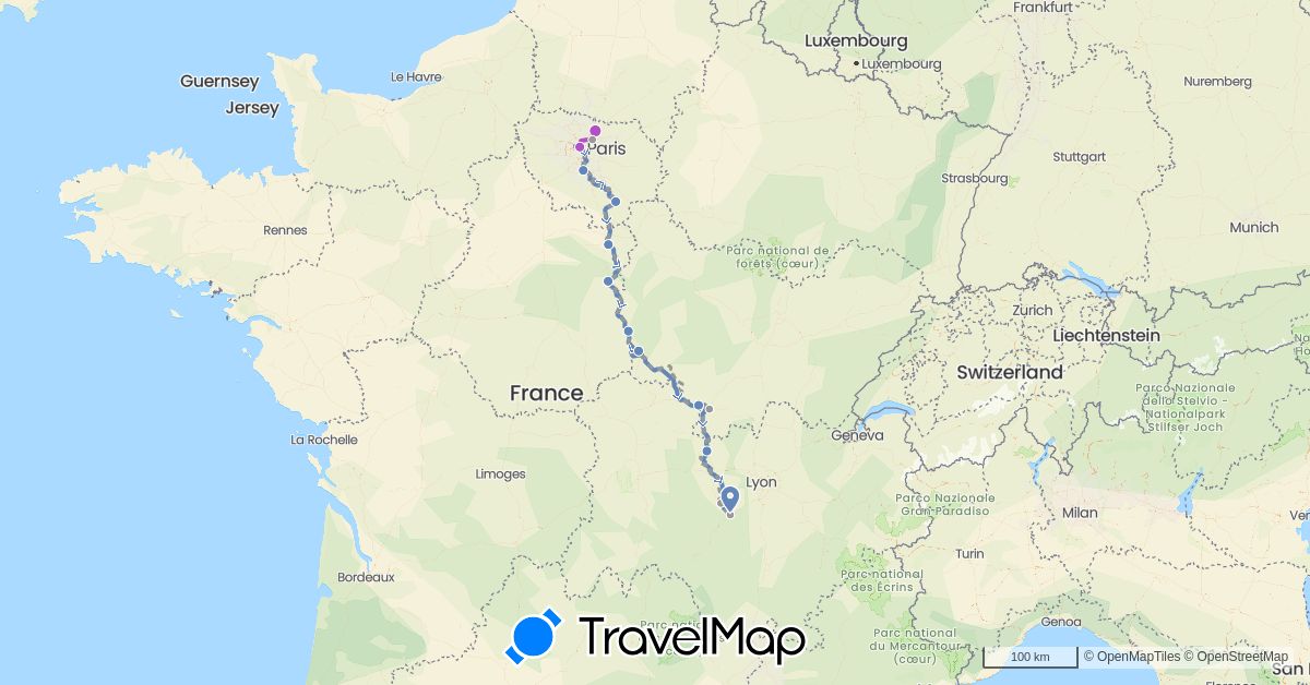 TravelMap itinerary: driving, cycling, train, prévisionnel in France (Europe)