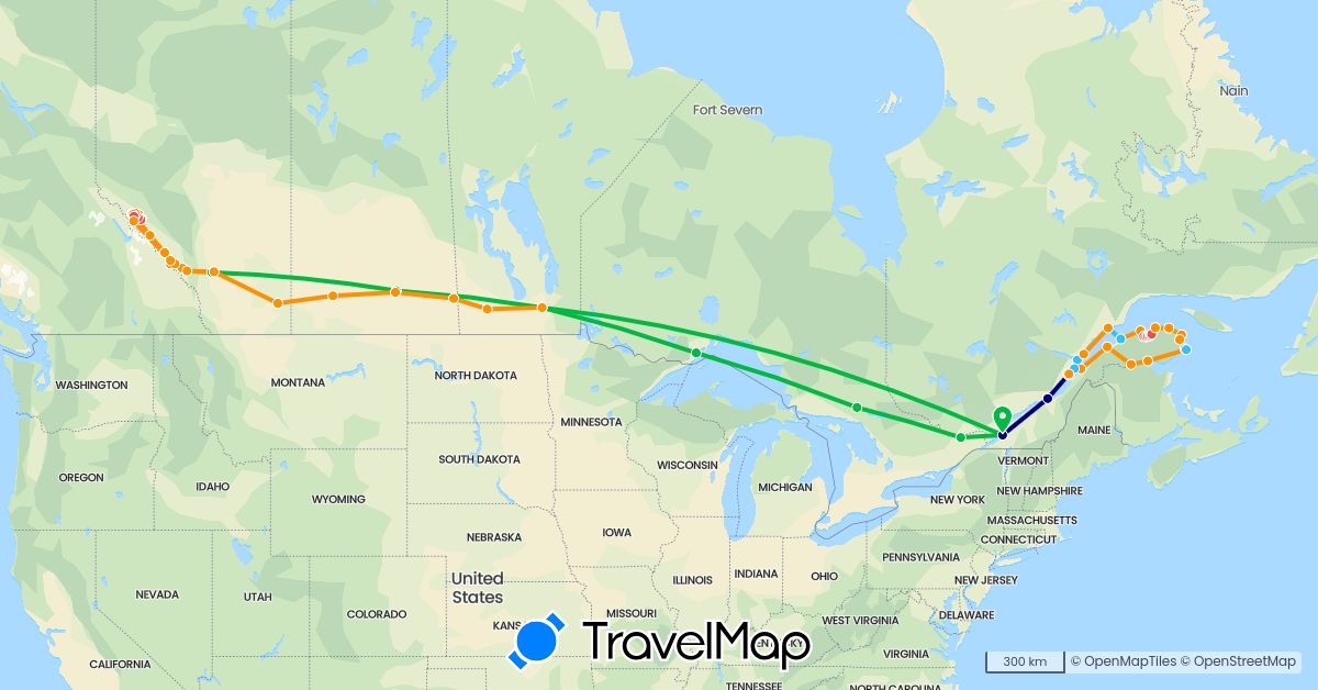 TravelMap itinerary: driving, bus, hiking, boat, hitchhiking in Canada (North America)