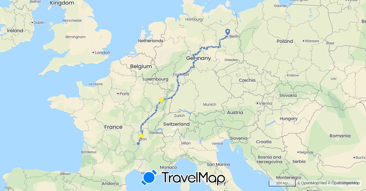 TravelMap itinerary: driving, cycling in Germany, France (Europe)