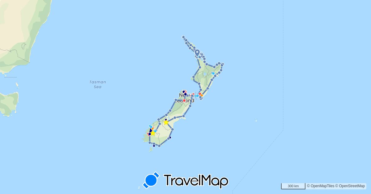TravelMap itinerary: driving, cycling, hiking, boat, hitchhiking, running in New Zealand (Oceania)
