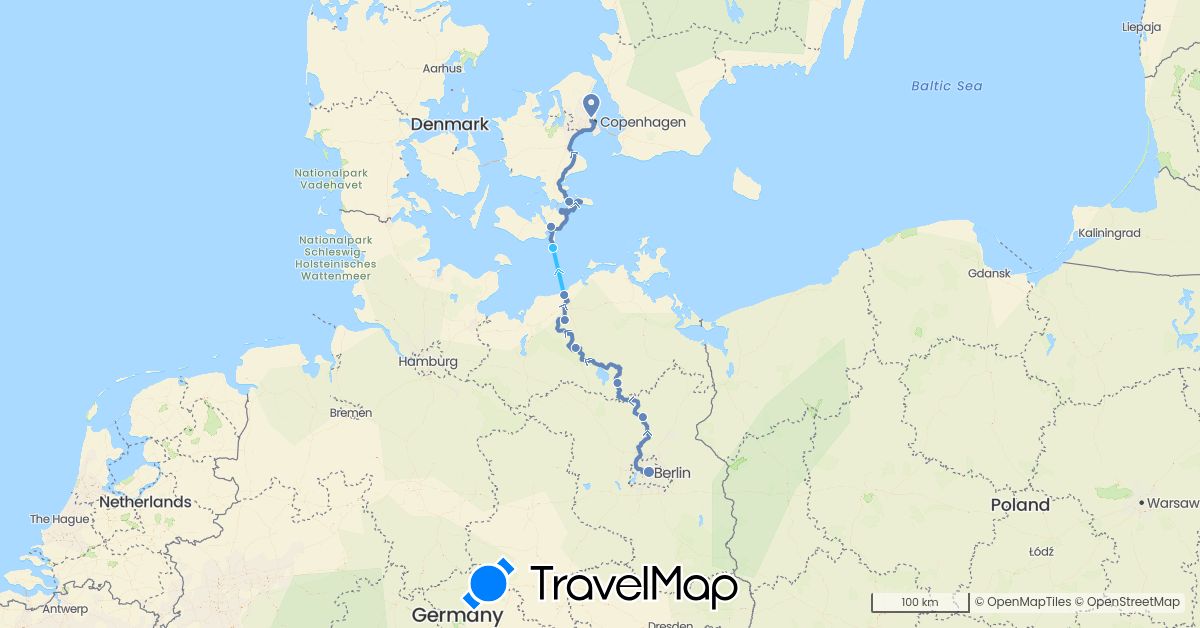 TravelMap itinerary: cycling, boat in Germany, Denmark (Europe)