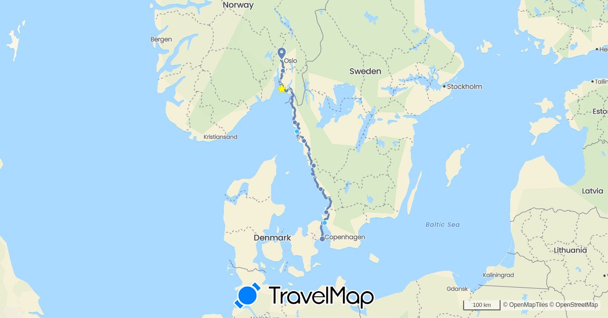 TravelMap itinerary: cycling, boat in Denmark, Norway, Sweden (Europe)