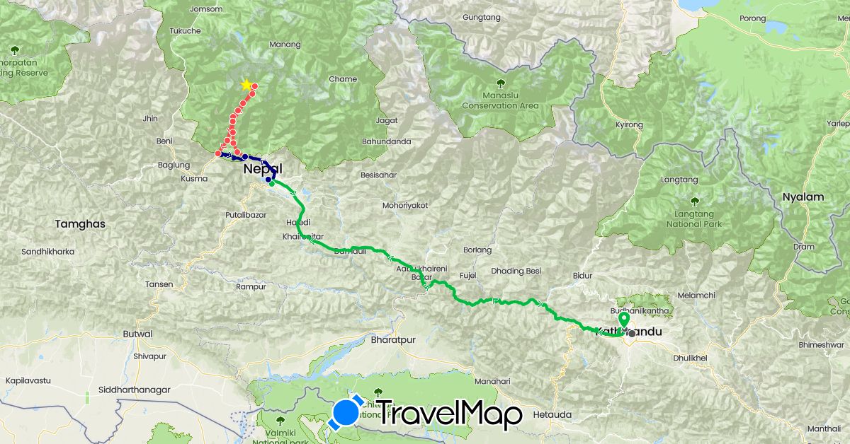 TravelMap itinerary: driving, bus, plane, hiking, motorbike in Nepal (Asia)