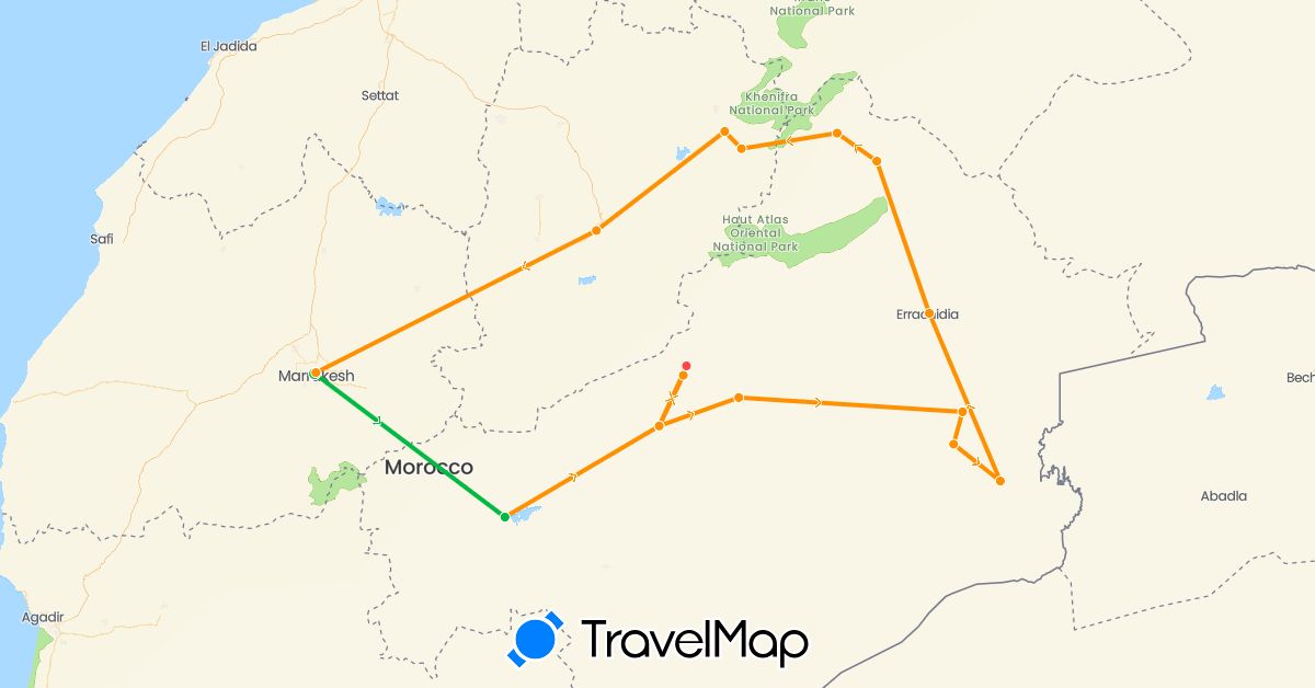 TravelMap itinerary: bus, plane, hiking, hitchhiking in Morocco (Africa)