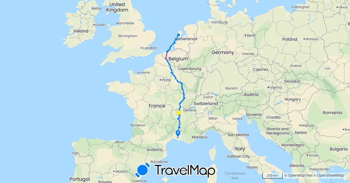 TravelMap itinerary: driving, train, rowing-bike in Belgium, France, Netherlands (Europe)