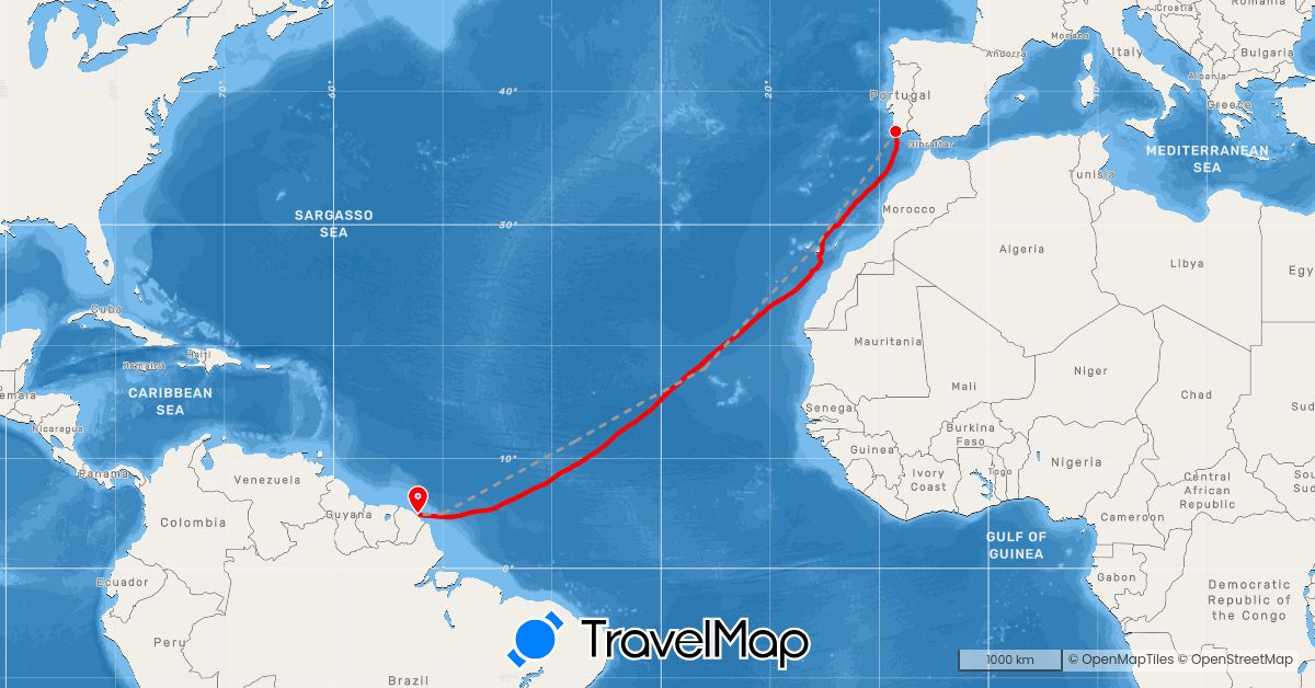 TravelMap itinerary: driving, plane, rowing in Spain, France, French Guiana, Portugal (Europe, South America)