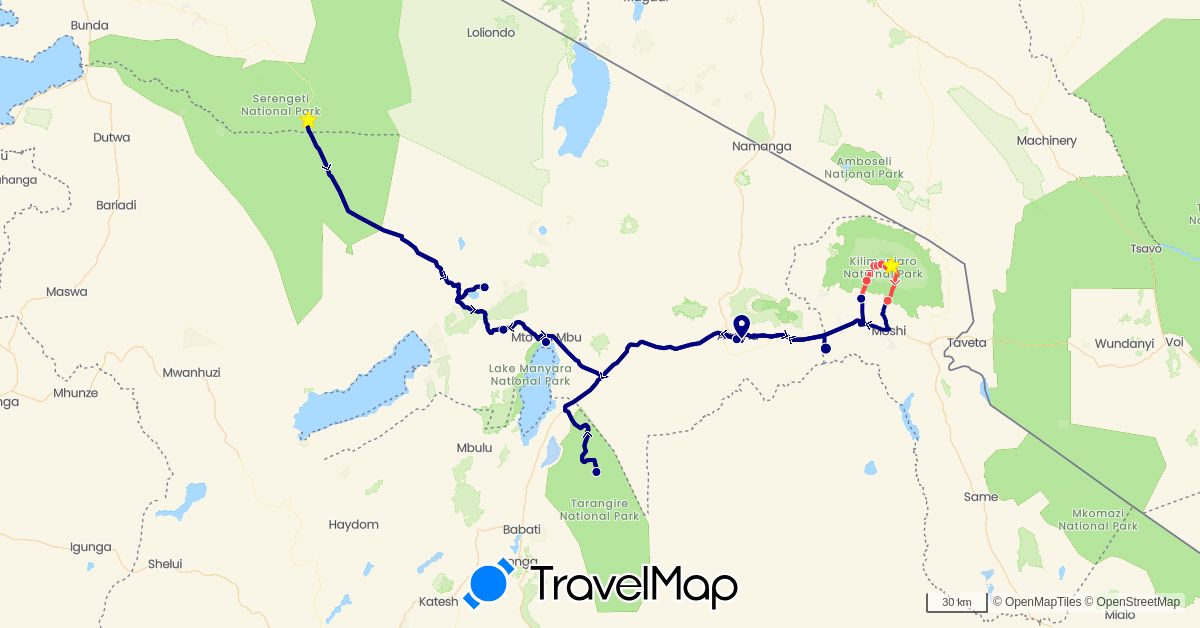 TravelMap itinerary: driving, plane, hiking in Tanzania (Africa)