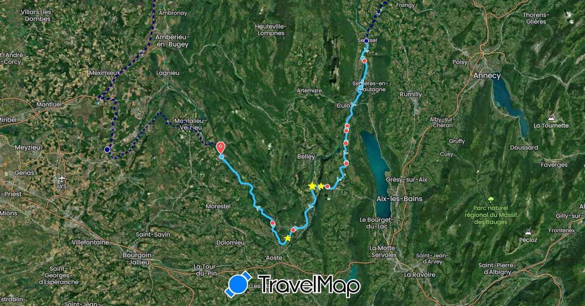 TravelMap itinerary: driving, hiking, boat in France (Europe)