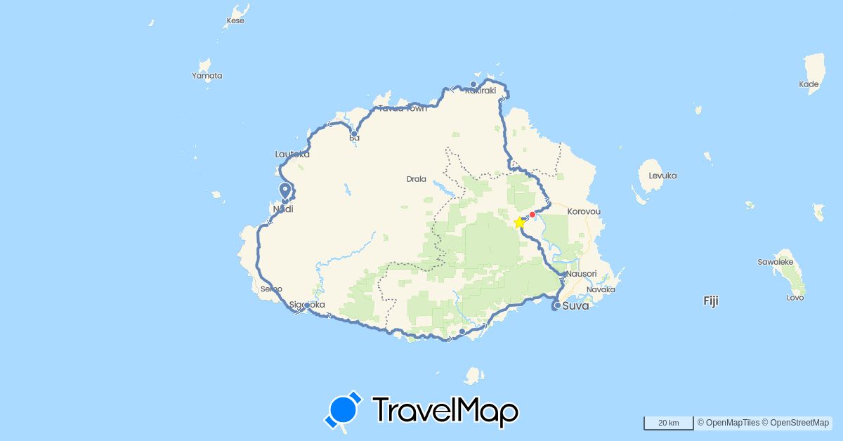 TravelMap itinerary: driving, cycling, swimming in Fiji (Oceania)