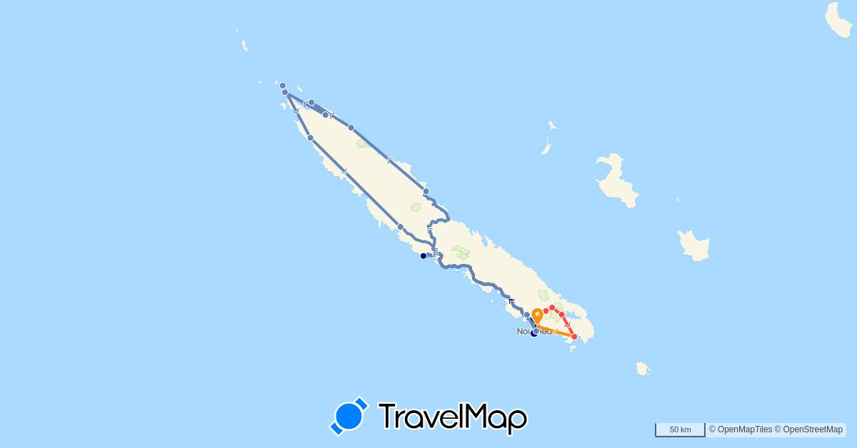 TravelMap itinerary: driving, cycling, hiking, hitchhiking in New Caledonia (Oceania)
