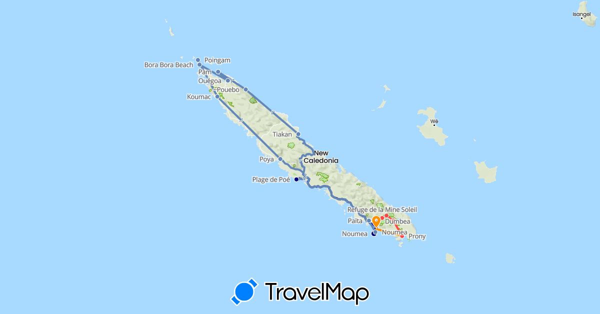 TravelMap itinerary: driving, cycling, hiking, hitchhiking in New Caledonia (Oceania)